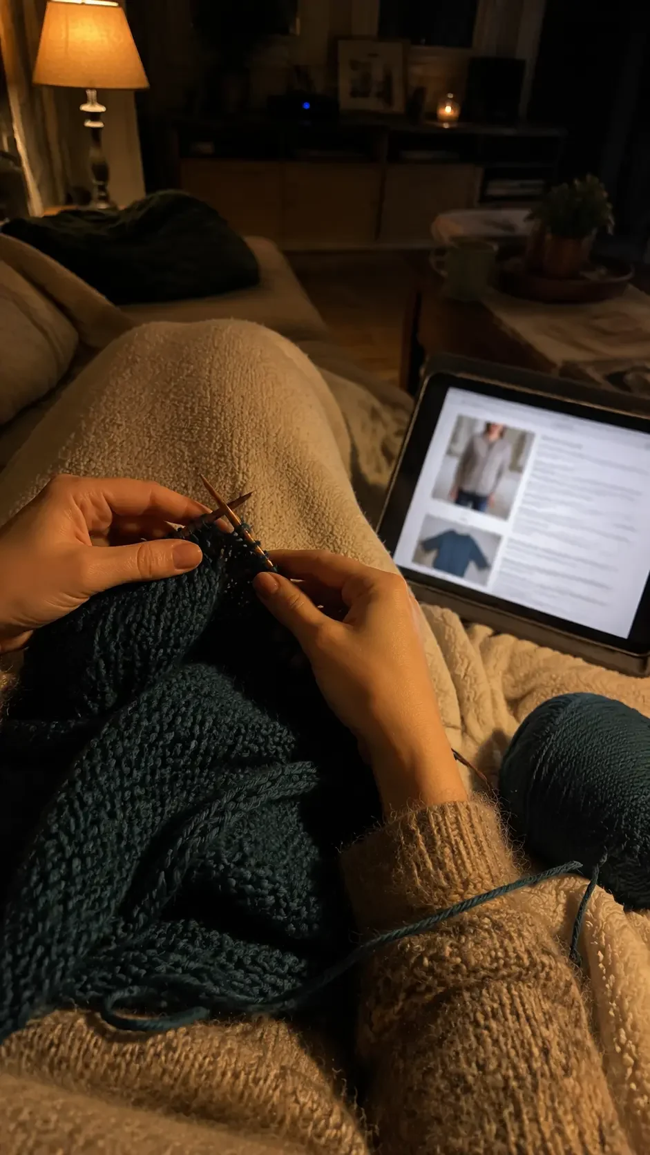 Mujer tejiendo mientras consulta el material en una tablet