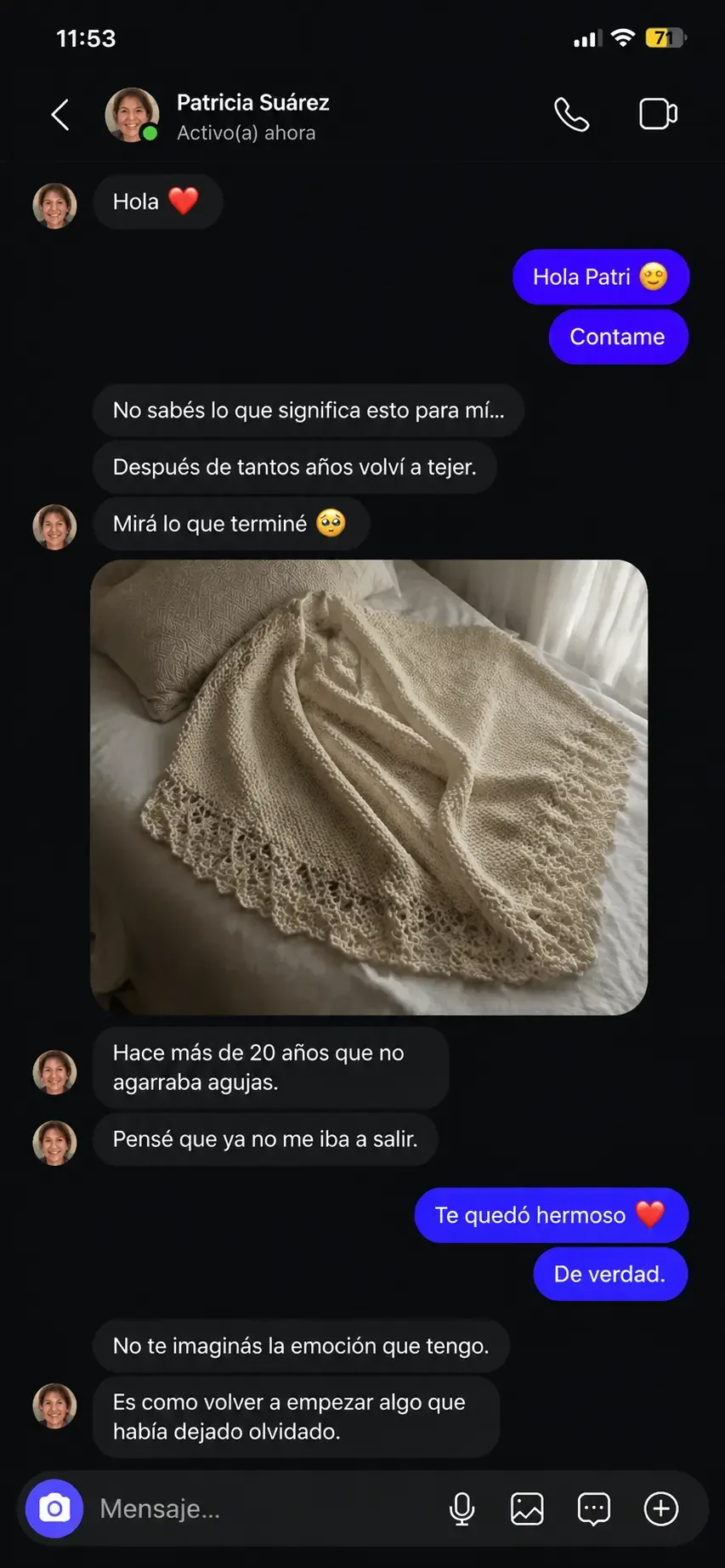 Conversación y proyecto tejido compartido por Patricia
